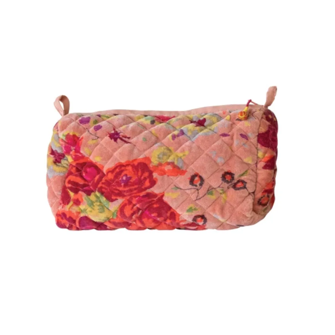 Quilted Velvet Zip Pouch - Floral