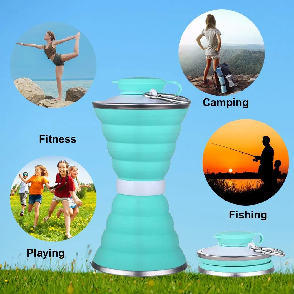 Silicone Traveling Water Bottle BPA Free - Leak Proof Lightweight Collapsible - Small Folding Refillable and Space Saver for Camping Gym Sports Hiking Biking Yoga Outdoor