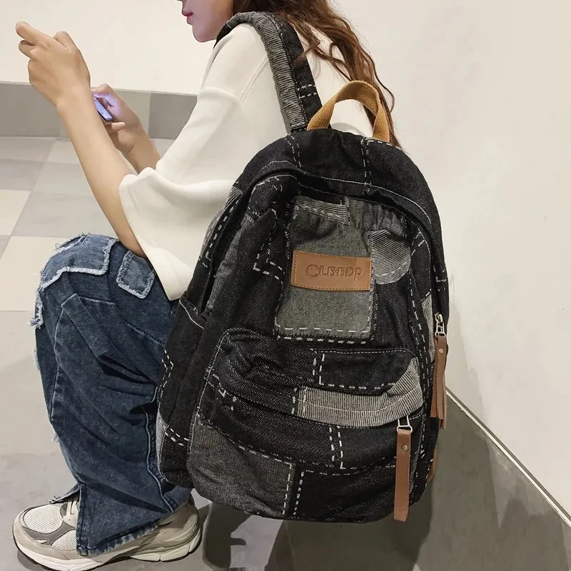 Sohiwoo Trendy Cool Patch Women Backpack Washed Denim College Backpack Men Female Laptop School Bags Large Capacity Travel Shoulder Bag