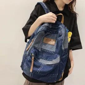 Sohiwoo Trendy Cool Patch Women Backpack Washed Denim College Backpack Men Female Laptop School Bags Large Capacity Travel Shoulder Bag