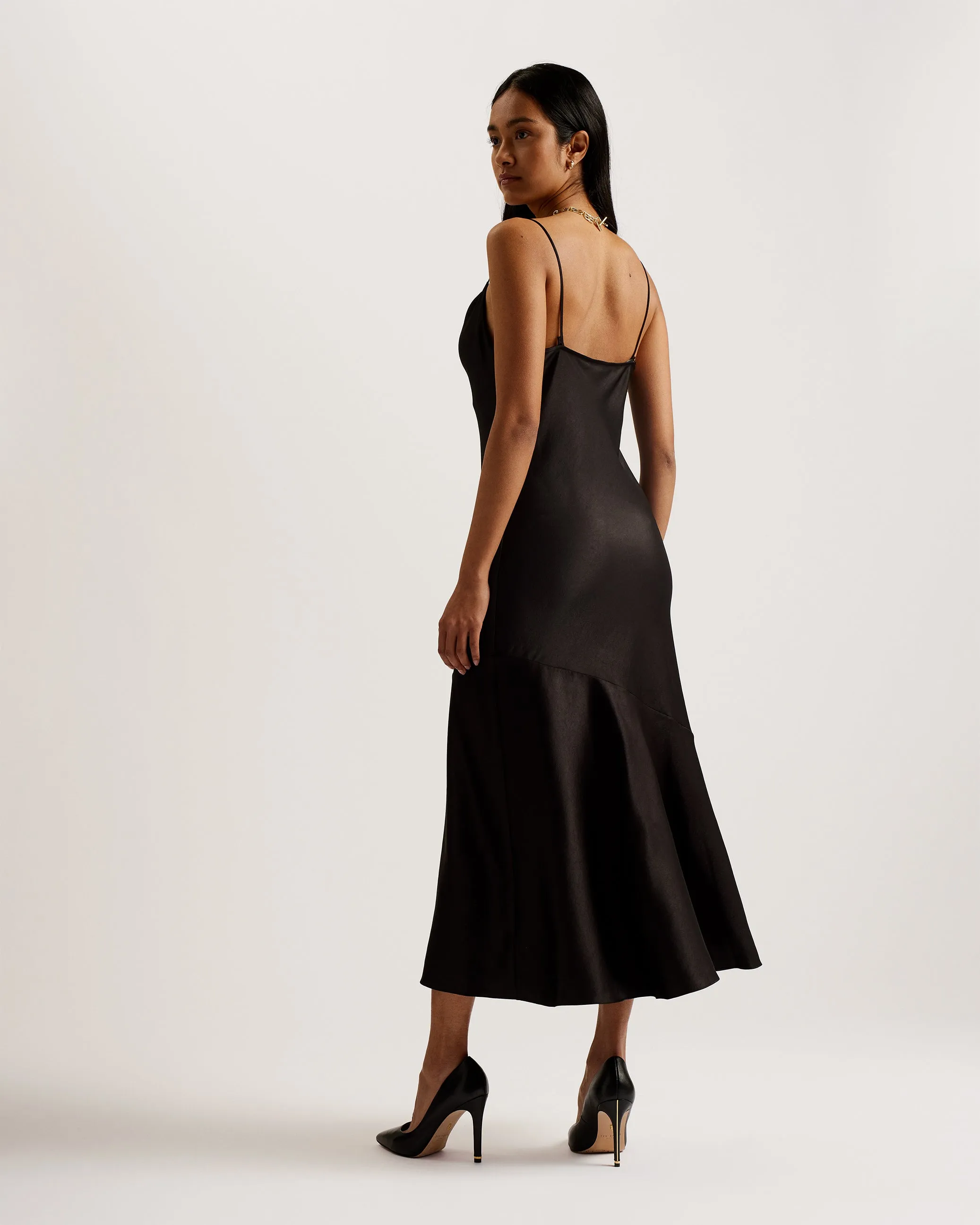 Tunca Satin Cowl Neck Evening Midi Dress Black