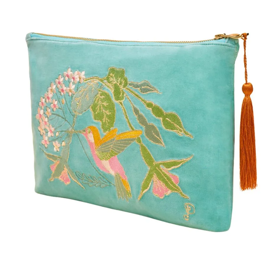 Small Hummingbird Embroidered Velvet Zip Pouches