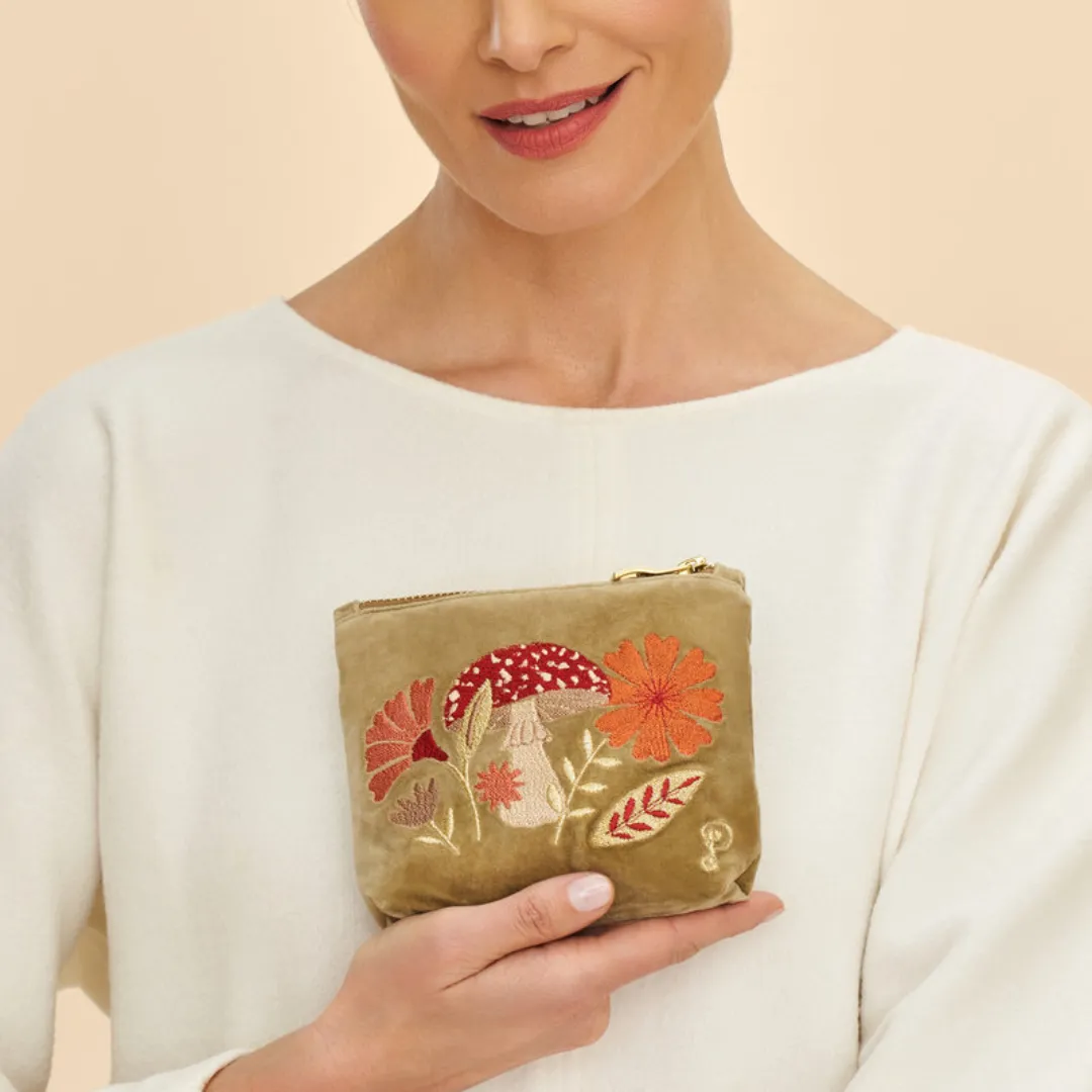 Velvet Embroidered Zip Pouches - Tranquil Toadstool