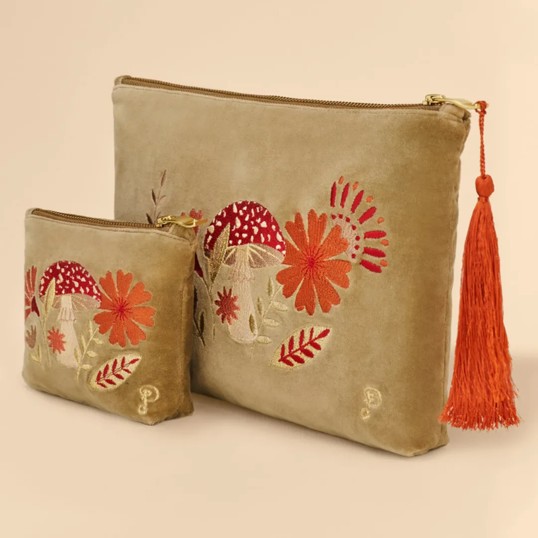 Velvet Embroidered Zip Pouches - Tranquil Toadstool