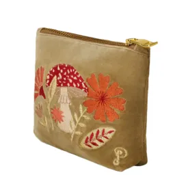 Velvet Embroidered Zip Pouches - Tranquil Toadstool