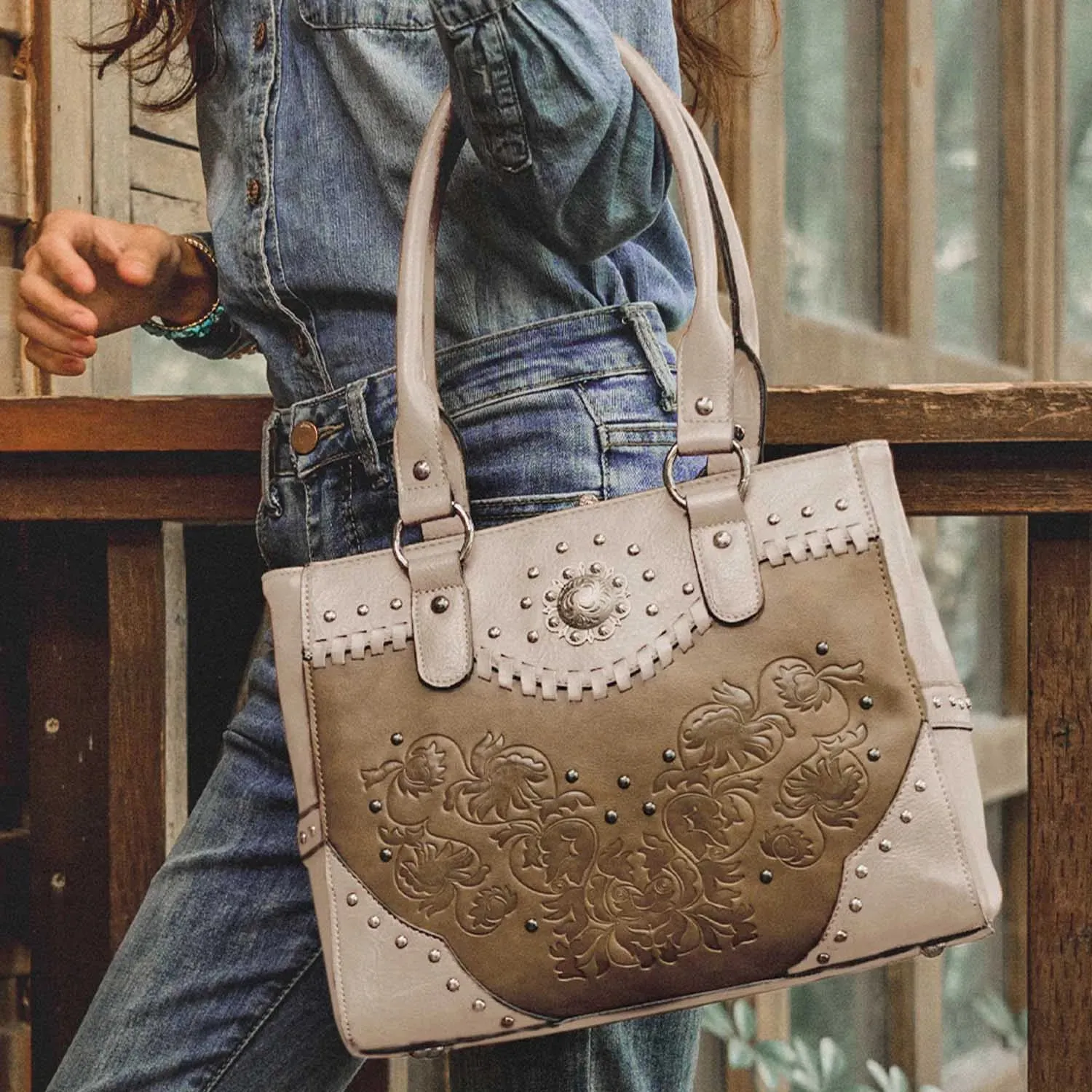 Vintage Embossed Concho Studs Shoulder Bag