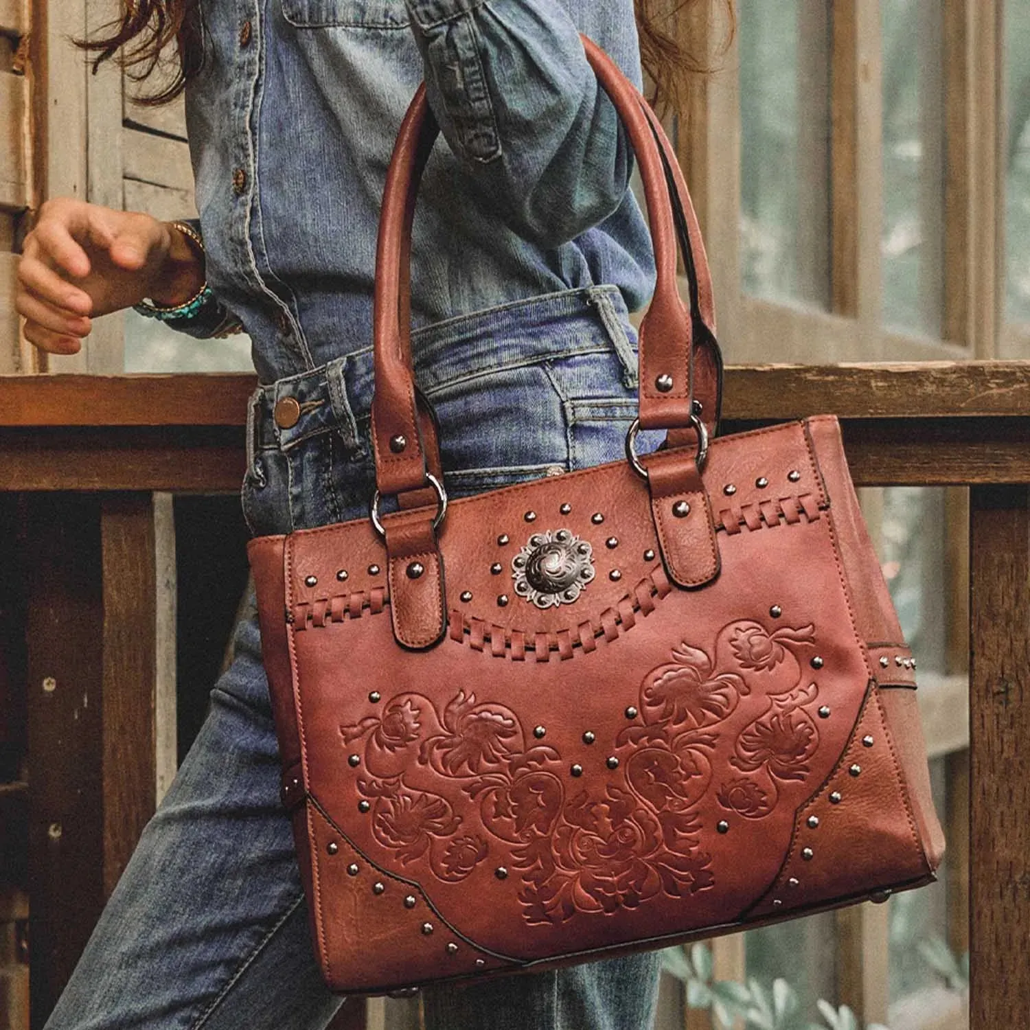 Vintage Embossed Concho Studs Shoulder Bag