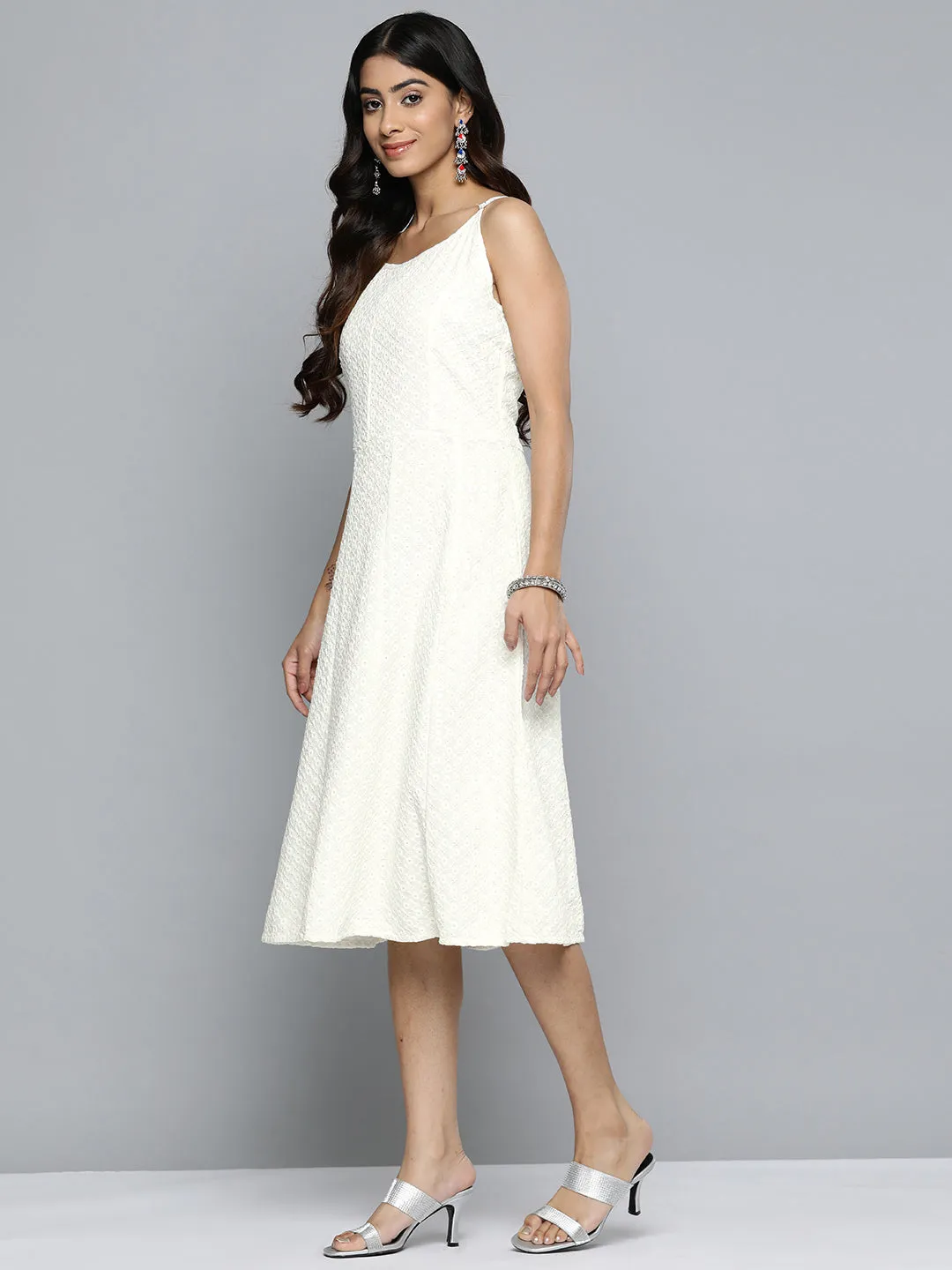 White Floral Sequin Embroidered A-Line Midi Dress