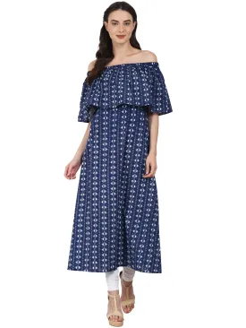 Women Blue Printed Drape Shoulder Sleeve Maxi Dress