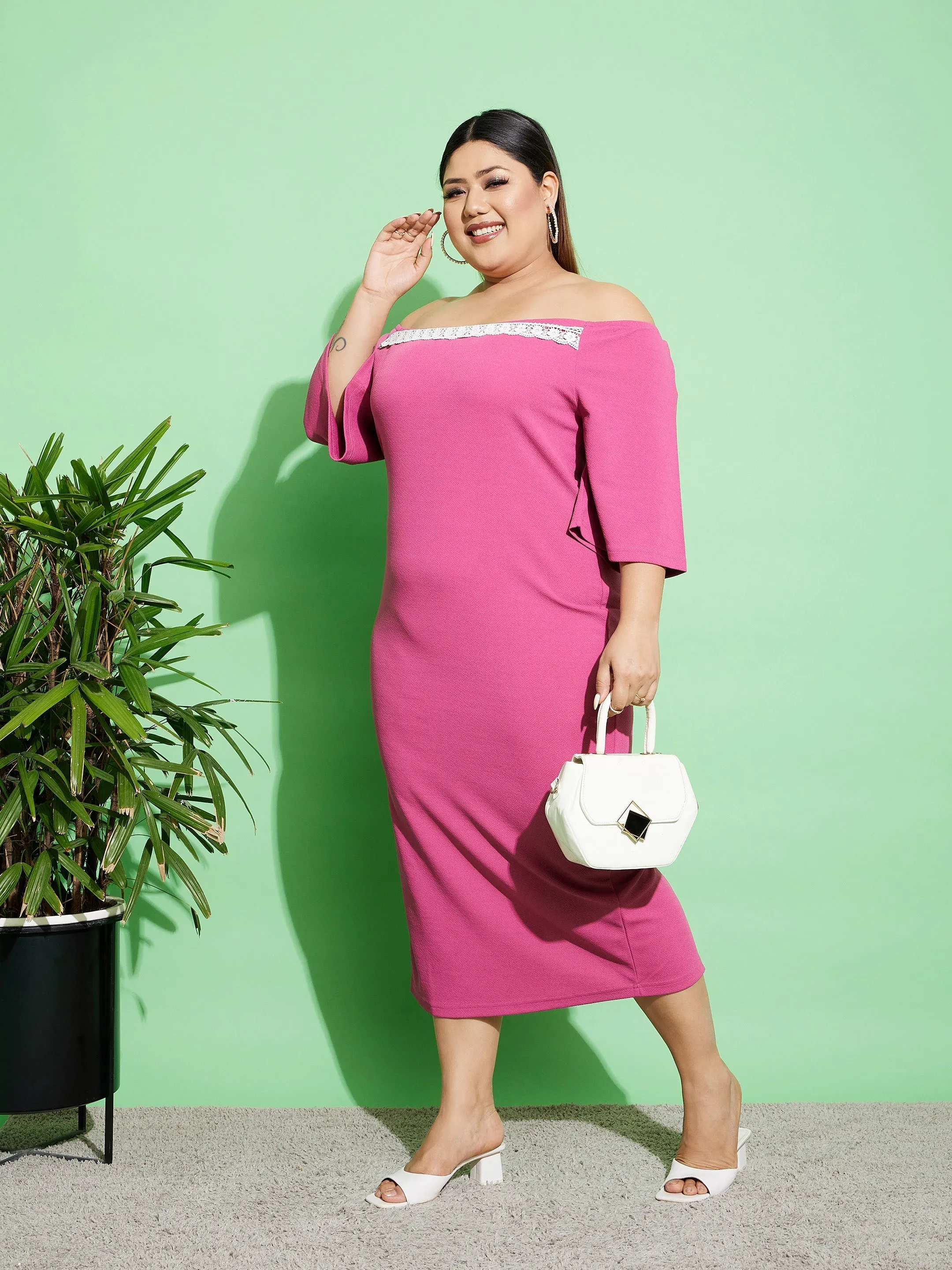 Women Pink Off Shoulder Bodycon Midi Dress