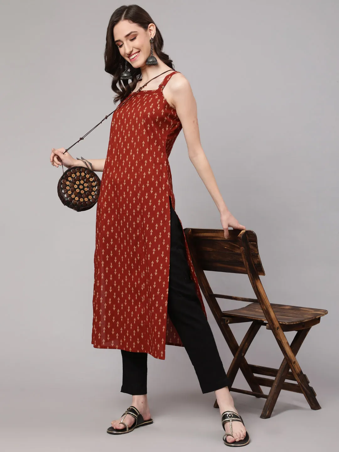 Women Rust Ikat Printed Straight Kurta With Shoulder Straps