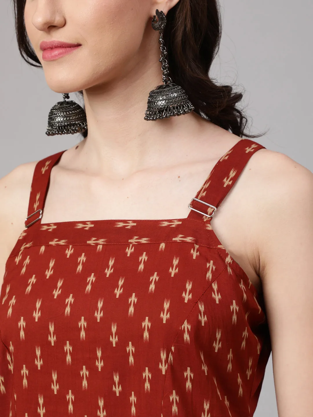 Women Rust Ikat Printed Straight Kurta With Shoulder Straps