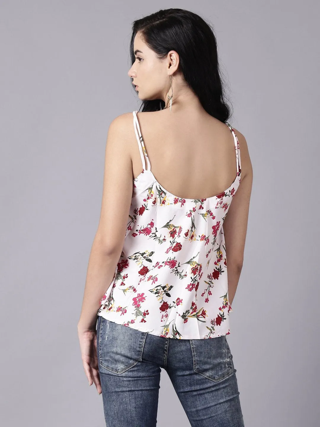 Women White Casual Printed Shoulder Straps Top