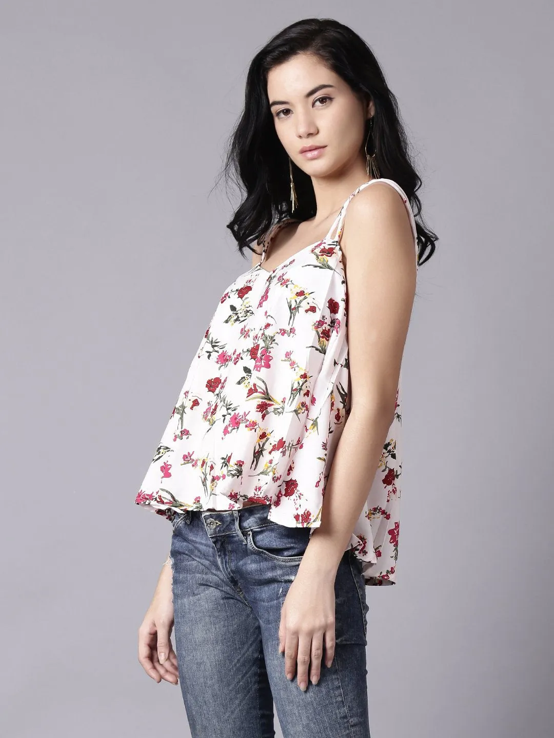 Women White Casual Printed Shoulder Straps Top