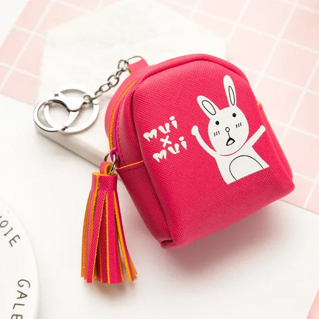 YIYOHI Kawaii Tassel PU Cute Rubbit /Cats /Fruits Zipper Plush Square Coin Purse Children Coin Bag Women Wallets With Key Chain