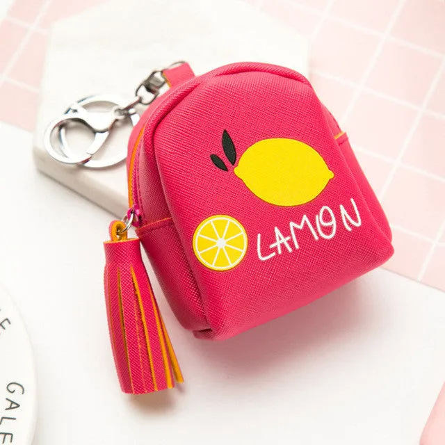 YIYOHI Kawaii Tassel PU Cute Rubbit /Cats /Fruits Zipper Plush Square Coin Purse Children Coin Bag Women Wallets With Key Chain