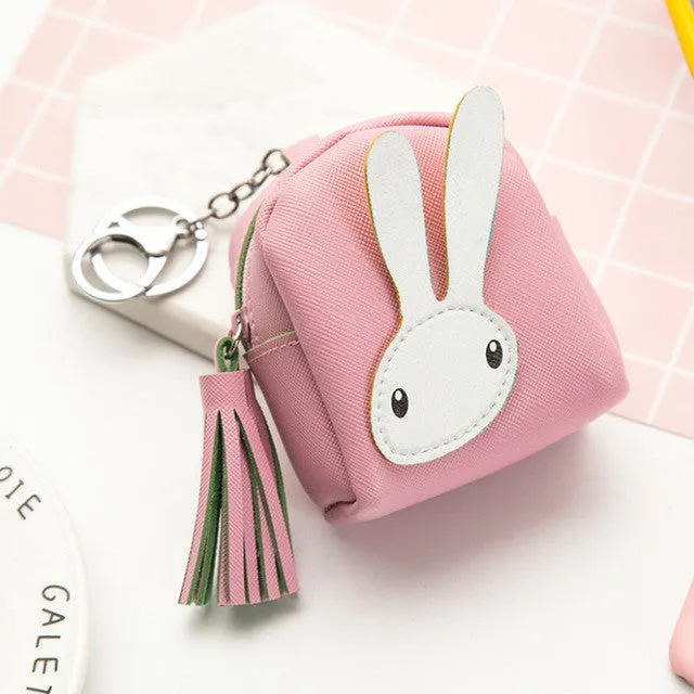 YIYOHI Kawaii Tassel PU Cute Rubbit /Cats /Fruits Zipper Plush Square Coin Purse Children Coin Bag Women Wallets With Key Chain