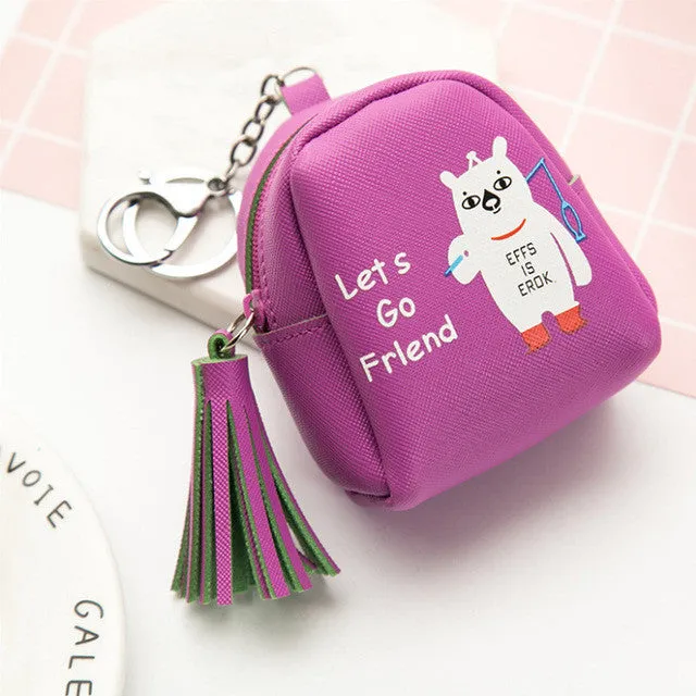 YIYOHI Kawaii Tassel PU Cute Rubbit /Cats /Fruits Zipper Plush Square Coin Purse Children Coin Bag Women Wallets With Key Chain